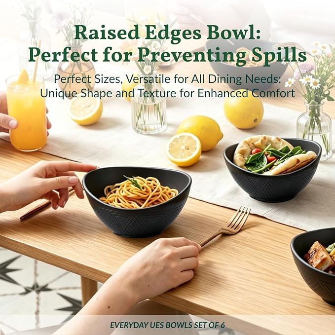 Wheat Straw Serving Bowls Unbreakable Oval Bowls Set of 6 Soup Bowls Microwave Safe Cereal Bowls for Kitchen, Camping, Party Dishwasher Safe Plastic Bowls for Dinner, Soup (26 OZ Black)