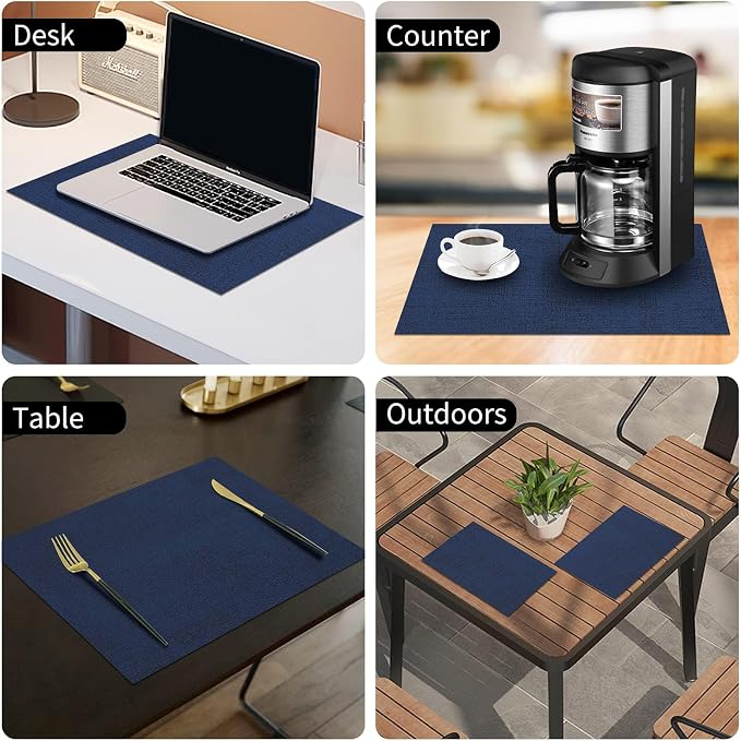 Faux Leather Heat Resistant Placemats 4 Packs, Waterproof Wipeable Dining PU Place Mats for Indoor & Outdoor, Easy to Clean, Dark Navy Blue