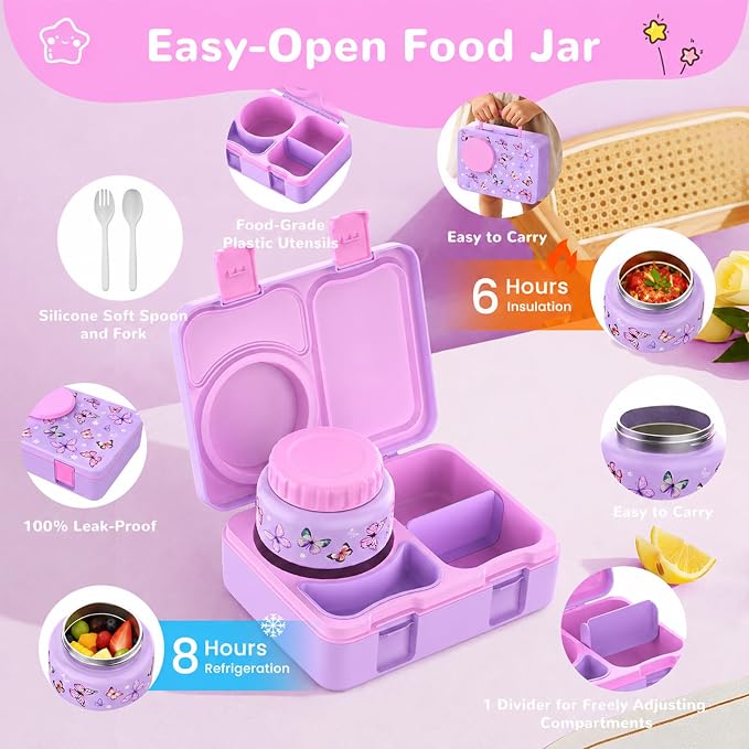 Bento Box for Kids, Leakproof Kids Lunch Box with 8.5OZ Thermo Food Jar & Lunch Bag, 3-4 Compartments Toddler Insulated Lunch Box for Girls, BPA Free Lunch Containers for School Daycare