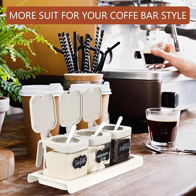 3 Pcs Glass Coffee Containers Coffee Station Organizer Set, Airtight Bean Storage Jars with Shelf,labels,spoon, Base and Pen,for Sugar, Candy, Oats, Nuts(White)