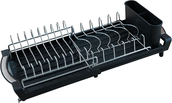 Dish Drying Rack Compact Expandable Double-Decker: Stainless, Rust-Proof, fits Kitchens/Apartments, extends 11.42"-19.9" (Black).