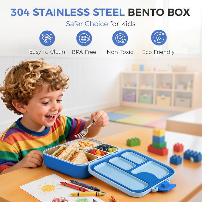 Kids Stainless Steel Bento Lunch Box, 4 Compartments | Leak-Resistant 4 Cups Lunch Container for Ages 4+ with Easy-Open Latch, Removable Seal & Meal Feedback Icon