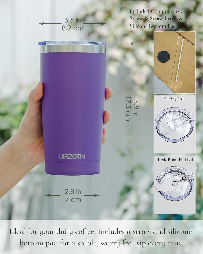 20oz Travel Coffee Tumbler with 2 Lids and Straw, Stainless Steel | Double Wall Vacuum Insulated Tumbler, Coffee Mug for Hot & Cold Drinks, Fits Most Car Cup Holders, Purple
