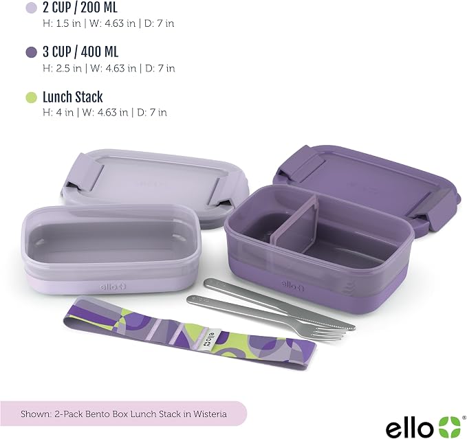 Ello Lunch Stack Bento Box Plastic Food Containers, 2 Pack, Wisteria | Leakproof bento box food containers, 2 pack. BPA-free, great for meal prepping, school & office lunches, and leftovers.