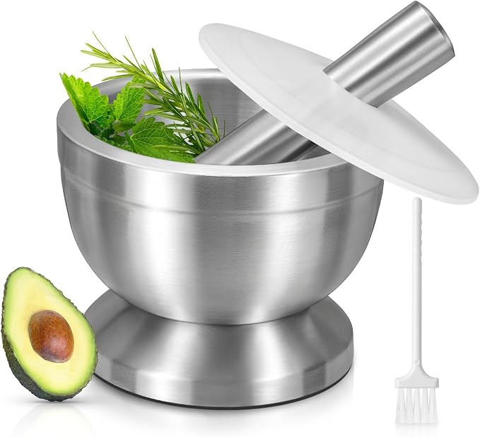 Mortar and Pestle Set, Stainless Steel with Anti Slip Base and Detail Brush | 3.9-Inch pill crusher, Durable and Shatter-Resistant, Use for Crushing Herb, Spices, Pills, Nuts, Bread, Biscuits, Compounds