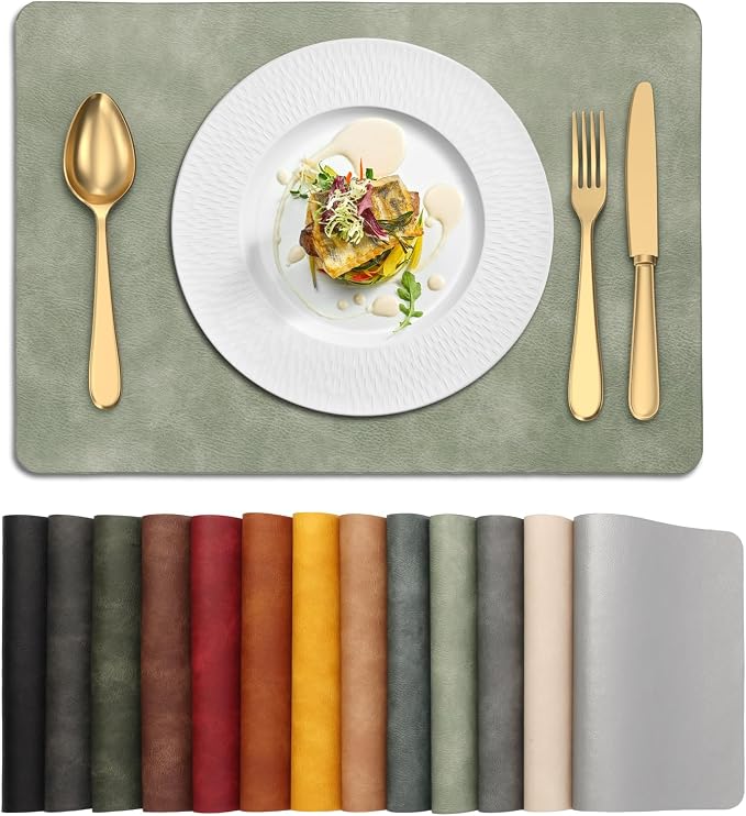 UnivoColors Placemats,Heat Resistant Placemats Set of 6 Washable 12 x 17 Inch,Waterproof Table Mats,Wipeable Pu Place Mats for Kitchen,Dining Room.Green