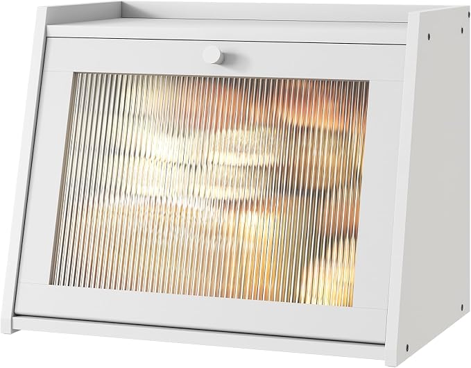kiplant Large Bread Box for Kitchen Counter, White Bamboo Bread Storage Container with Wavy Arcylic Transparent Door, Bamboo Wooden Farmhouse Bread Box for Your House