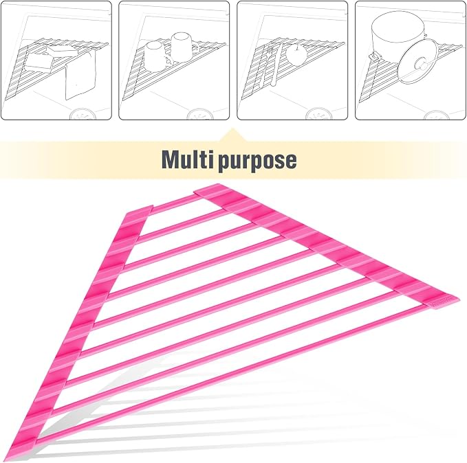 Tomorotec Roll Up Dish Drying Rack with Silicone Coating, Hot Pink | 304 Stainless Steel with BPA-Free Silicone, Triangle Design Maximizes Sink Corner Space, Fits Compact Kitchens And RVs