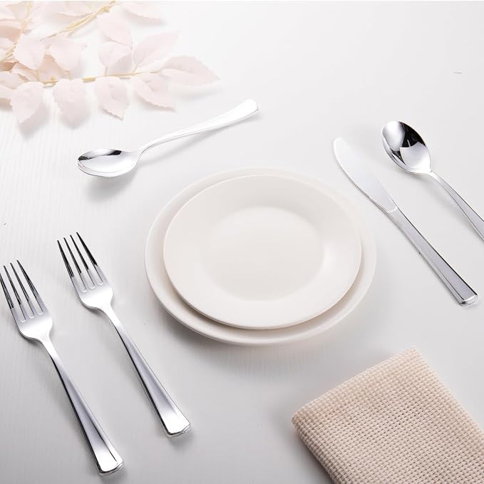 144 Pack Silver Premium Heavy Duty Plastic Silverware, 48 Forks, 48 Spoons, 48 Knives, For Catering, Parties, Dinners and Weddings, BPA-Free, Disposable Plastic Cutlery Set Utensils Set