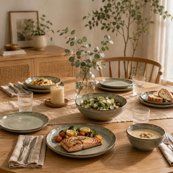24 Piece Dinnerware Sets for 8, Modern Stoneware Plates and Bowls Setst, Perfect for Family Gatherings & Holiday Celebrations, Easy Cleaning Dishes Set, Stack Compactly Dishware, Green Wheat