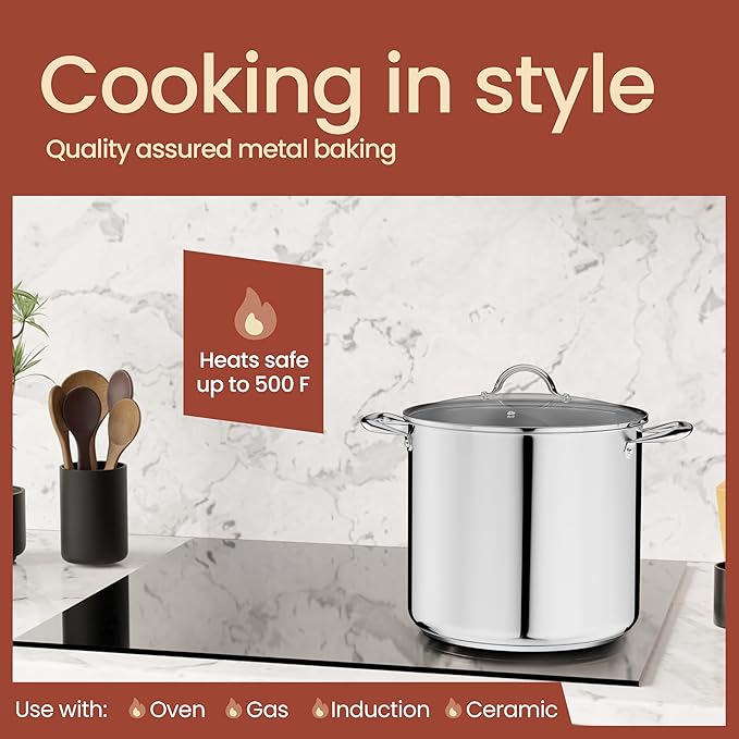 Stainless Steel Stockpot with Tempered Glass Lid 19 Quart, Durable 18/0 Stainless Steel, Impact-Bonded Base for Even Heating, Riveted Handles, Oven & All Stove Compatible, Safe Up To 500°F (260°C)