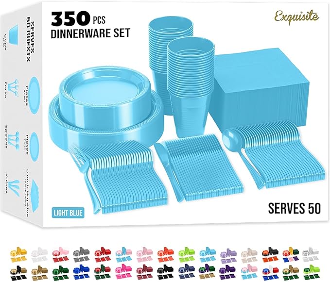 350 Pcs Light Blue Plastic Plates For Party, Light Blue Disposable Plates Set, 50 Of Each 9" Dinner Plate Set, 7" Dessert Plate, Cups, Napkins & Cutlery Plastic Dinnerware Set Exquisite