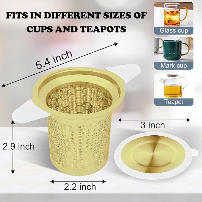 Tea Infuser for Loose Leaf Tea, 304 Stainless Steel Strainer Basket Gold | Fine Mesh Steeper, Heat Resistant, Silicone Handle, Lid Included, Large Capacity, Mug Filter, Fits Standard Cups