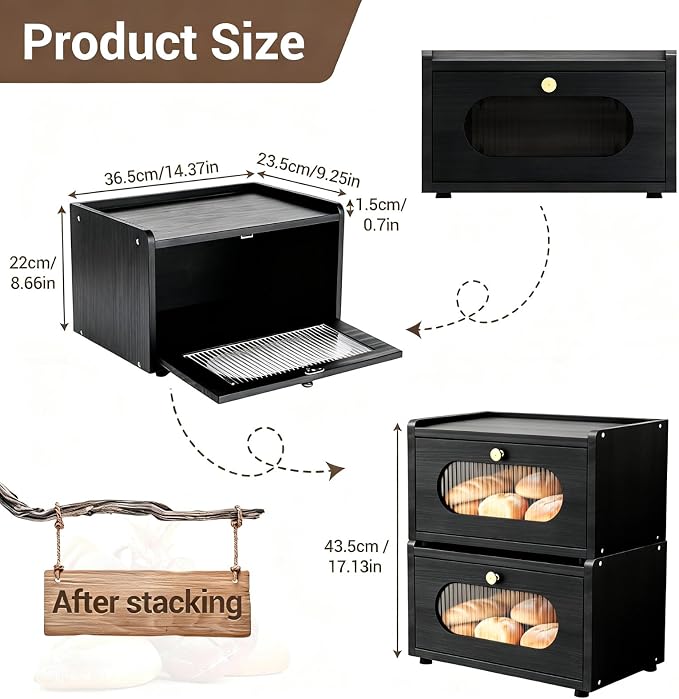 Garvee Bread Box for Kitchen Countertop, Wooden Breadbox Holder Container, Small Vintage Counter Top Breadbox, Farmhouse Stackable Organizer Bin for Homemade Food Shelf Acrylic Window Black