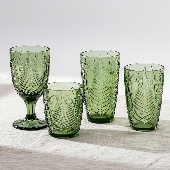 Green Drinking Glasses Set of 4, 16 oz Glass Cups, Vintage Fern Glassware | Hand-Pressed, Dishwasher Safe, Boho Leaf-Textured Drinkware, Embossed Highball Tumblers for Water, Retro Kitchen Gift