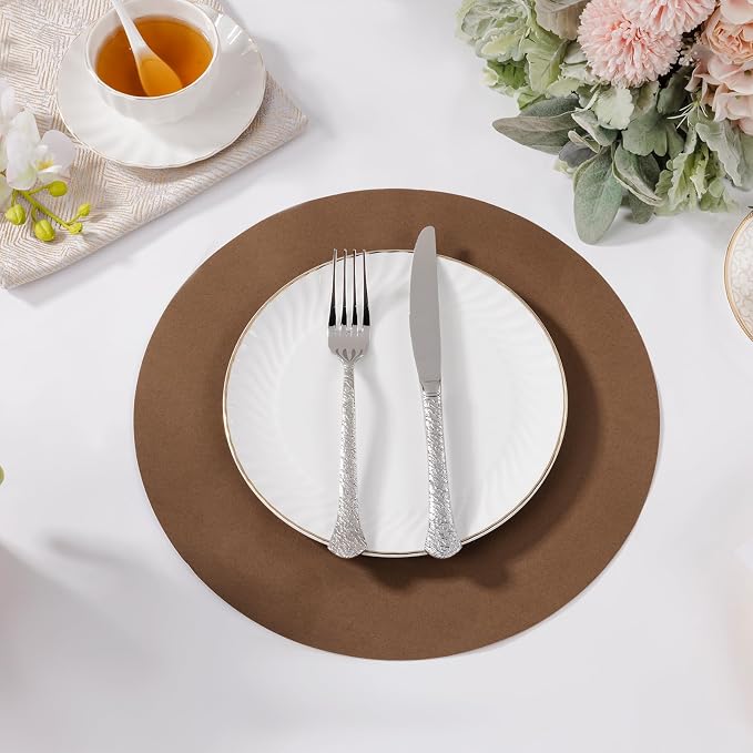 SHACOS 100 pcs Round Paper Placemats Disposable 13 inch Colored Paper Decorative Place Mats for Wedding Birthday Party Bridal Baby Shower Events Table Decoration, Brown