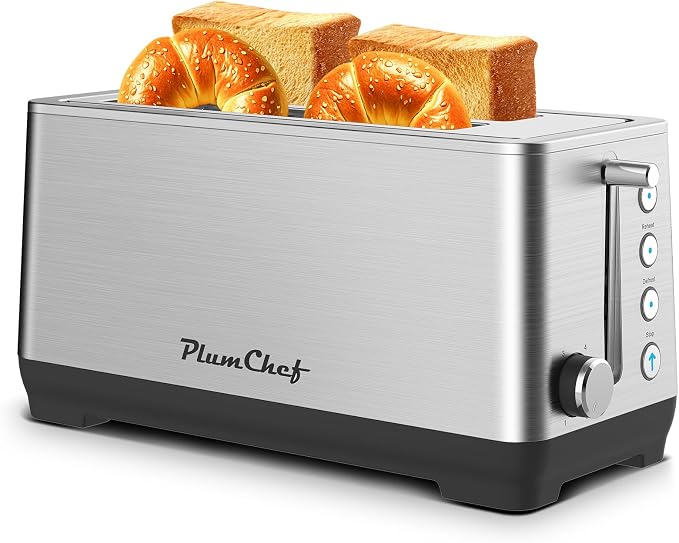 Plum chef 4-Slice Toaster, Extra Wide Long SIot Toaster, 6 Browning Settings, Bagel/Defrost/Reheat Functions, Removable Crumb Tray, Stainless Steel Housing 135oW (Stainless Steel)