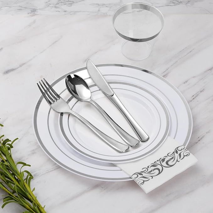 175 Pcs Silver Dinnerware Sets for 25 Guests, Disposable Plate Set | Plastic Plates for Wedding, Party, Include: 25 Dinner Plates, 25 Dessert Plates, 25 Paper Napkins, 25 Cups, 25 Silverware Set
