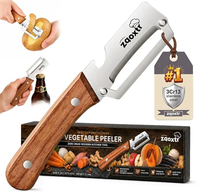 2-in-1 Multifunctional Vegetable Peeler with Bottle Opener | Wide Stainless Steel Blade and Non-Slip Wooden Handle, Kitchen Peeler for Potato, Apple, Pumpkin, Fruit and Vegetables