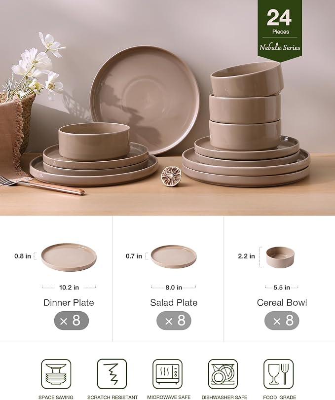 Famiware Nebula Plates and Bowls, 24-Piece Dinnerware Set, Cinnamon Brown | Stoneware Dish Set for 8, Dishwasher and Microwave Safe, Chip and Scratch Resistant