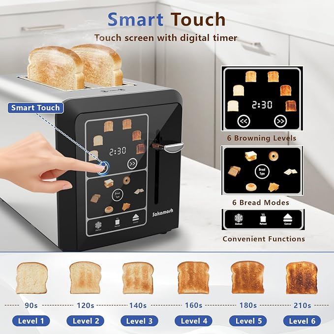 SAKAMOSH 2 Slice Touchscreen Toaster with Wide Slots for Bagels | 6 Browning Levels & 6 Bread Types, Wide Slots for Bagel, Memory Function, Defrost & Reheat & Cancel & Timer, Stainless Steel