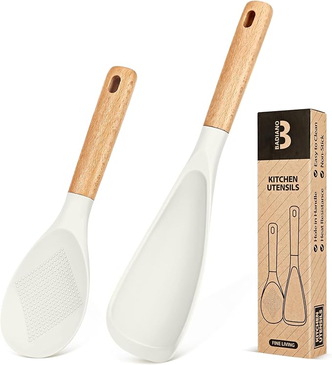 Cooking Spoon and Rice Scooper for Nonstick Cookware,Multi-function | Great for Cooking and Serving, Sturdy BPA-Free Matte Silicone, Wood Handle Spoon for Mixing, Scoop, and Scrape,9.3"+14.3"