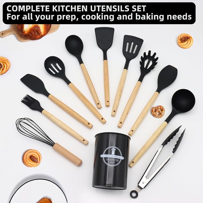 12-Piece Silicone Kitchen Utensils Set with Wooden Handle, Non-Stick & Heat Resistant Cooking Utensils (446°F), Includes Spatula, Spoon, Turner, Tongs, Whisk, Great for Home Cooks-Black
