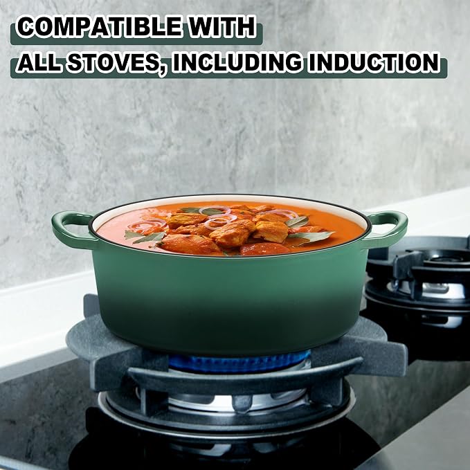 E-far 5QT Oval Dutch Oven Pot with Lid, Enameled Cast Iron Dutch Oven | with Dual Handles for Homemade Sourdough Bread Baking, Nonstick Enamel Coated Cookware, Non-Toxic & Easy Clean, Dark Green