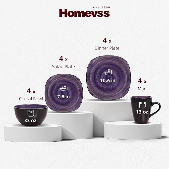 HomeVss 16-Piece Square Dinnerware Set - Serves 4, Inside Spinwash Swirl Purple + Outside Black Plates & Bowls Set | Microwave & Dishwasher Safe