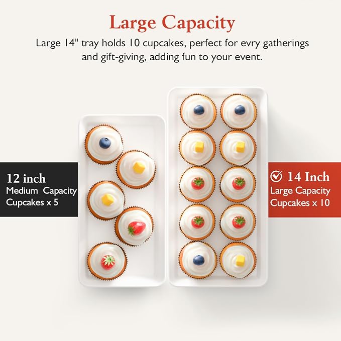 Bumusty 3-Tier Melamine Serving Tray Set, 14 x 7 in, Black Stand | Melamine Reusable Platters with Metal Display Stand for Cupcakes, Desserts, Fruit, Cookies, Parties, Birthdays and Holidays