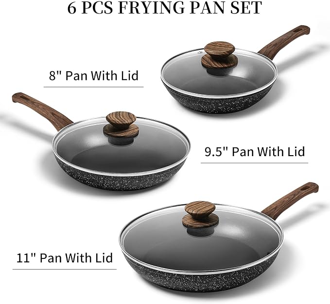 Innerwell Nonstick Ceramic Frying Pans Skillets Set with Lid 8"+9.5"+11" | No Toxic Egg Omelette Frying Pan Set, All Stove Compatible, Healthy Granite Induction Cooking Pan, PFOA & PFAS Free