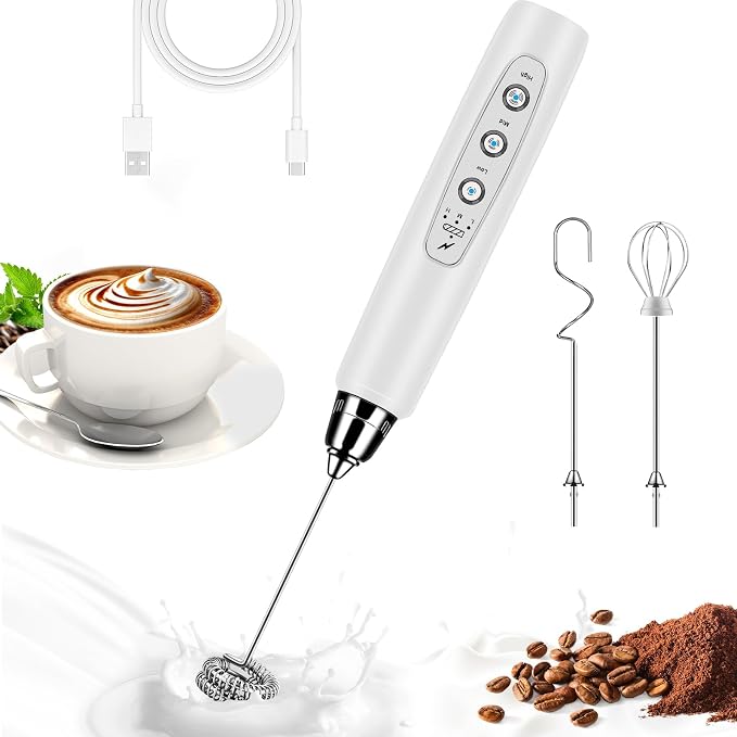 Milk Frother Wand Rechargeable Handheld Whisk Coffee 3 Speed Adjustable | Electric Whisk Drink Mixer with Stainless 3 Whisks Hand Frother , Foam Maker for Latte Cappuccino Matcha Egg Silver
