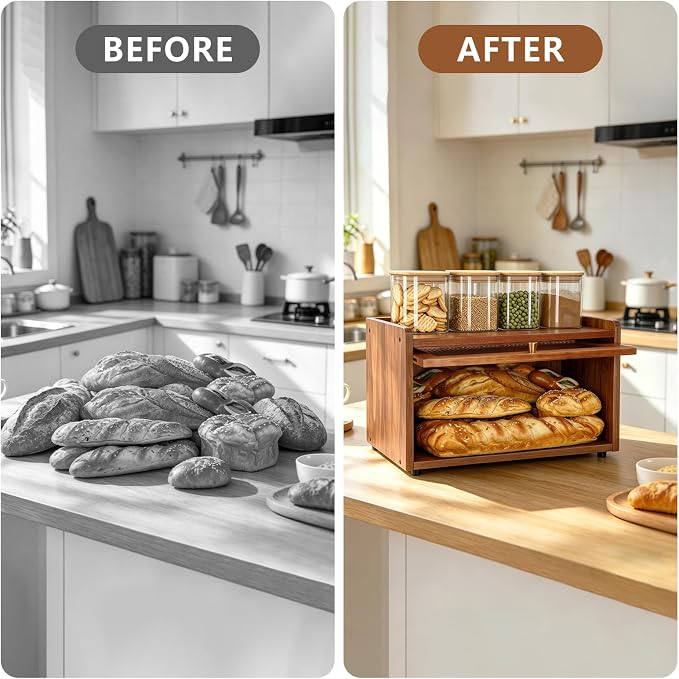 Wooden Bread Box for Kitchen Countertop, Daily Bread Storage for Clutter-Free Counters, Flat Top Bread Holder with Acrylic Door, Brown