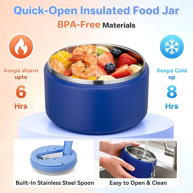 Bento Lunch Box for Kids with 8oz Soup Thermo,Kids Leakproof Lunch Food Containers with 4 Compartment,Kid Insulated Thermo Hot Food Jar for School,Trvael-Blue