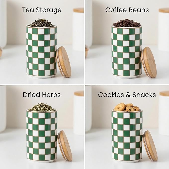 1 Piece Ceramic Coffee Canister, Airtight Coffee Container with Lid for Kitchen Storage (15.8x9cm, Green Checkered)