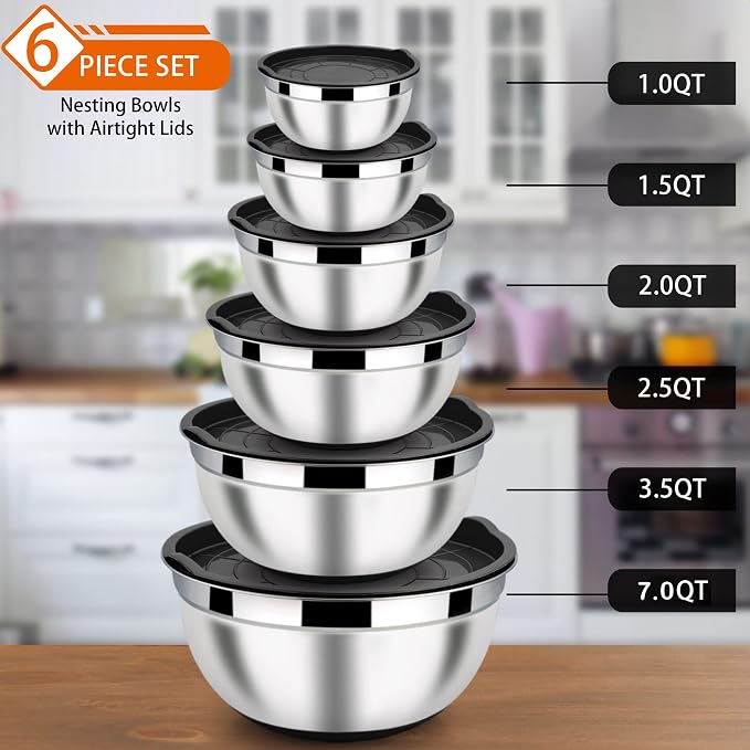 LIANYU Nesting Mixing Bowls Set of 6, Size 7, 3.5, 2.5, 2, 1.5, 1QT | Stainless Steel Large Metal Bowls with Airtight Lids, Ideal for Baking Cooking Food Storage, Non-slip Bottom, Black