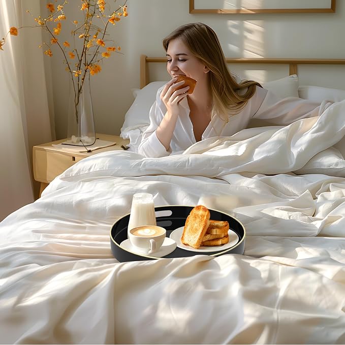 13" Black Decorative Tray, Plastic Round Serving Tray with Handles | Decorative Tray for Coffee Table, Modern Ottoman Tray, Circle Tea Tray, Round Melamine Tray for Living Room, Bathroom