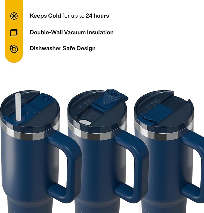 RTIC 30oz Road Trip Tumbler, Insulated, Ceramic Lined, Navy | with Lid, Handle and Straw, Stainless Steel Metal Cup, Portable for Hot and Cold Drinks, Coffee, Car, Camping, Travel