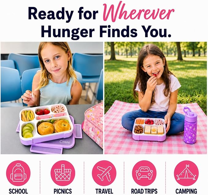 kinsho Glitter Lunch Box Bento-Boxes for Girls, Meal and Snack Containers for Toddler Daycare, School, Travel, 6 Divided Sections, Cute Bentobox, Leak-Resistant, Utensils, Purple Lilac Sparkle