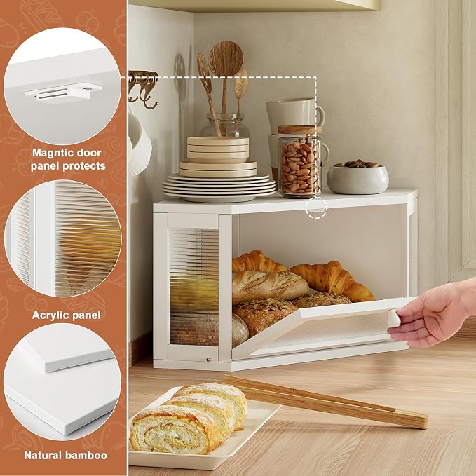 WOWLIVE Corner Bread Box, Bamboo Bread Storage with Acrylic Wavy Door | Breadbox for Kitchen Countertop, Large Farmhouse Bread Holder for Homemade Bread, Multi-functional Container, White
