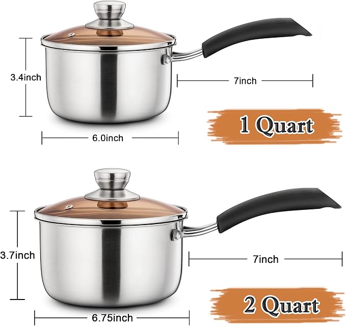LIANYU Sauce pan Set with Lid, 1 Quart and 2 Quart Stainless Steel Saucepan | Small Kitchen Cooking Pot for Milk, Soup & Butter, Stay-cool Handle, Induction Ready, Nonstick & Non Toxic, Dishwasher Safe