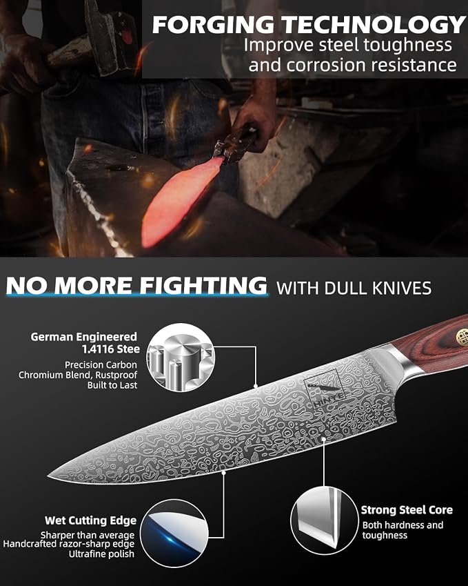 8" High Carbon Stainless Steel Kitchen Chef Knife, Redwood Handle, Textured Anti-Stick Blade, Rustproof & Dishwasher Safe, Effortless Chopping, Premium Gift Box