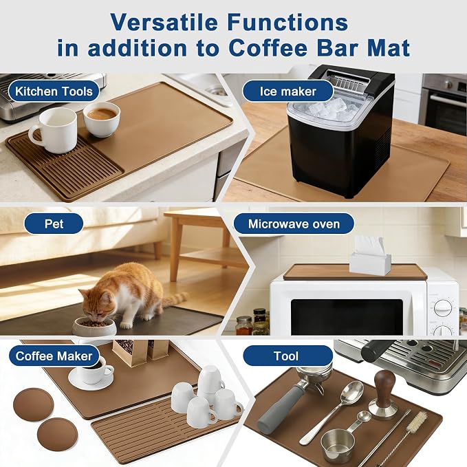Mrcrypos Silicone Coffee Station Mat with Rasied Edges 16x24 Inch, Brown | Anti-Slip, Heat-Resistant, Spill-Proof, Bar Mat for Most Countertop & Espresso Machines, under Coffee Maker/Dish Rack