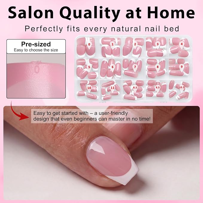 240pc Extra Short Coffin Press on Nails French Tip Fake Nails with Tabs | XS Short Nails Press ons Coffin Glue on Nails Pink Acrylic Nails Stick False Nail Artificial Fingernail for Women Girls