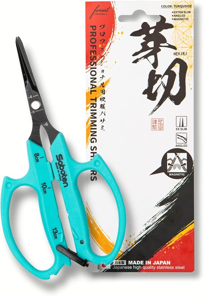Saboten Japanese Harvesting Shears, Magnetic Springless, Fine-Tip Angled Blade, Fluorine-Coated Steel, Non-Slip Grip, Safety Lock, Made in Japan (Turquoise)