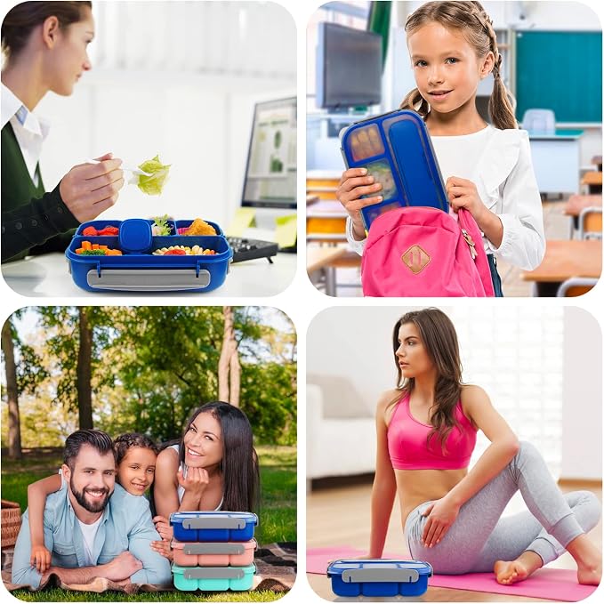 MaMix Bento Box Adult Lunch Box, Lunch Box Kids, Lunch Containers for Adults/Kids/Students,1300ML-4 Compartment Bento Box (bright blue)