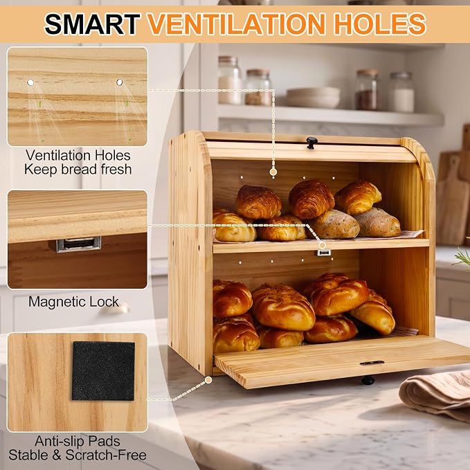 Alpeir Roll Top Bread Box with Cutting Board for Kitchen Countertop | Large Breadbox with Ventilation Holes, Double Layer Pantry Shelf, Wooden Homemade Bread Storage Container, Vintage Farmhouse