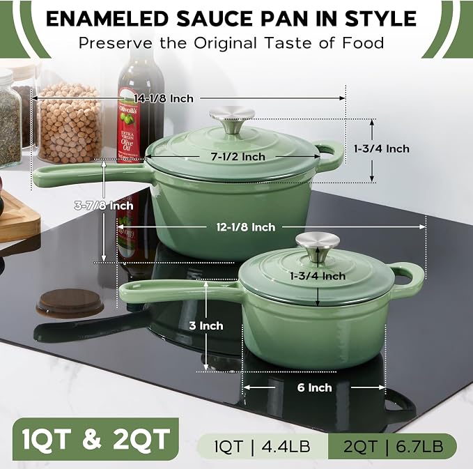 Onader Enameled Cast Iron Saucepan Set, 1 Quart & 2 Quart Sauce Pan with Lid, Small Cast Iron Pot for Cooking, Enamel Dutch Oven Nonstick & Heavy Duty – Pistachio Green
