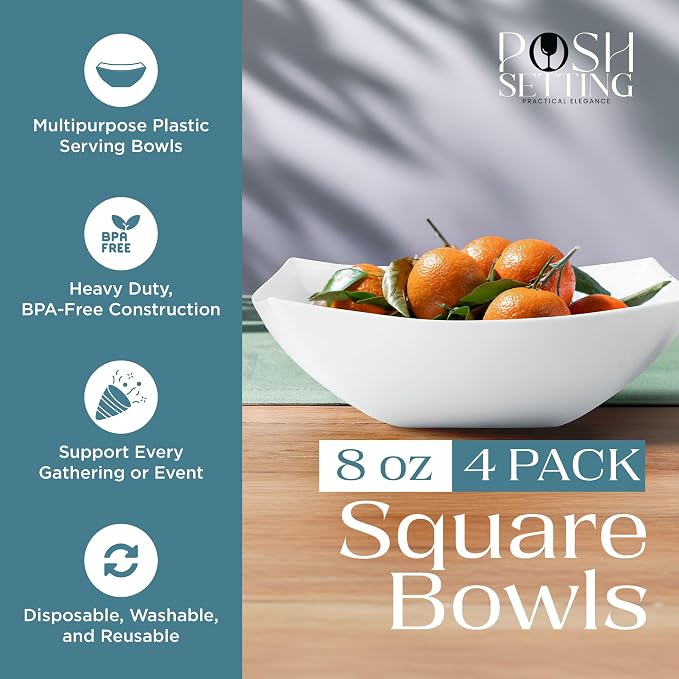 4 Pack Disposable White Plastic Serving Bowls Square Party Candy Use 64oz | Square Design. Disposable Party Tableware. Salad, Fruit & Candy Use. Candy Buffet Containers. White Plastic.