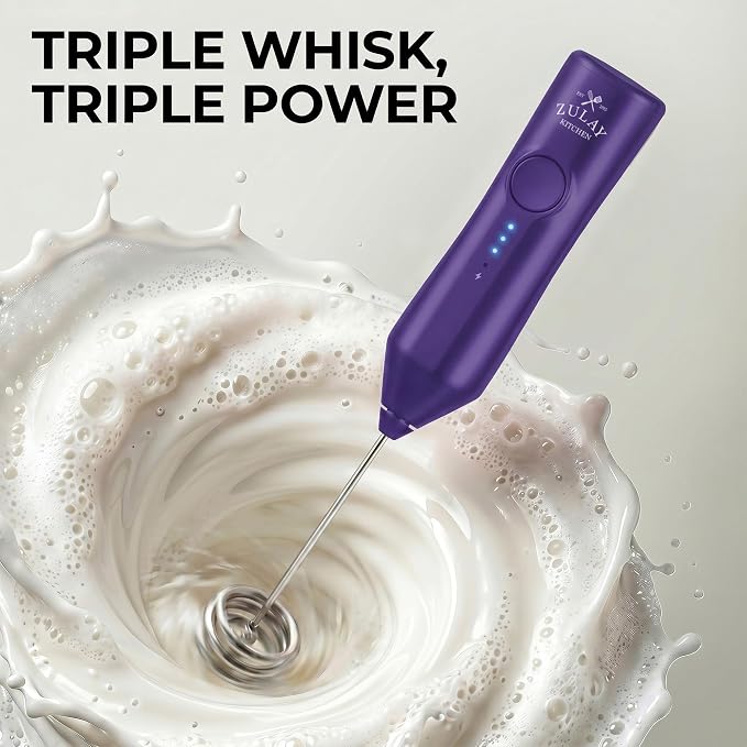 Zulay Kitchen Rechargeable Milk Frother Handheld - Frother Wand, Drink Mixer, Electric Whisk Frother, for Cappuccinos, Matcha & Protein Powder - Dynamic Triple Whisk, 3 Speed 500mAh Purple